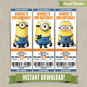 Despicable Me Minions Birthday Ticket Invitations - Instant Download! Edit and print with Adobe Reader
