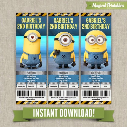 Despicable Me Minions Birthday Ticket Invitations (Lab Set) - Instant Download! Edit and print with Adobe Reader