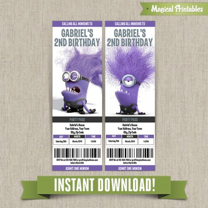 Despicable Me Evil Minions Birthday Ticket Invitations - Instant Download!