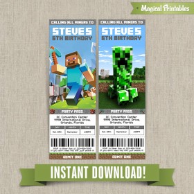 Minecraft Birthday Ticket Invitations - Instant Download!
