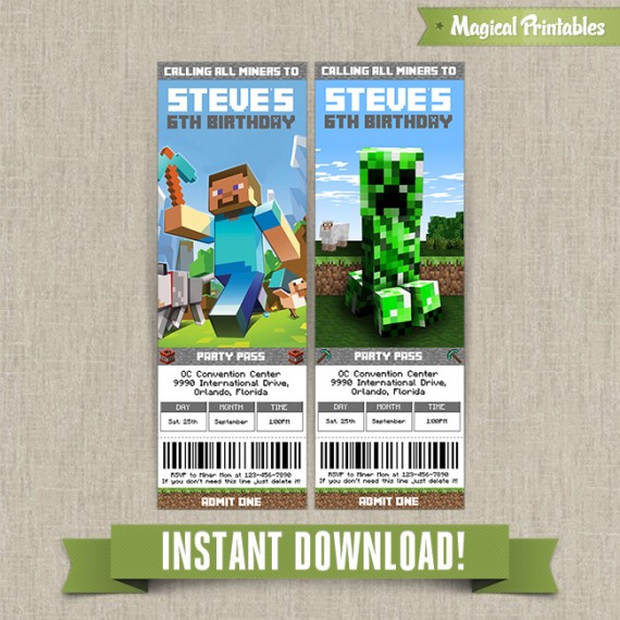 Minecraft Birthday Ticket Invitations Instant Download