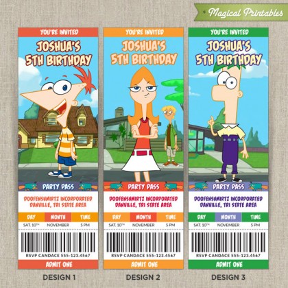 Personalized Disney Phineas and Ferb Birthday Ticket Invitation Card