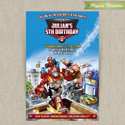 Personalized Transformers Rescue Bots Birthday Invitation Card