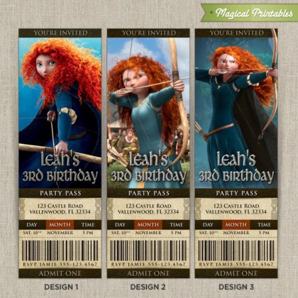 Personalized Pixar BRAVE Birthday Ticket Invitation Card