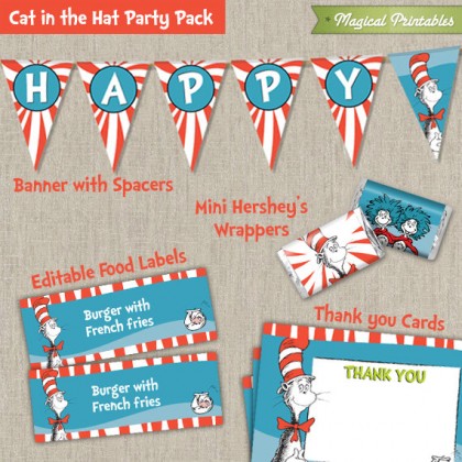 Dr Seuss Cat in the Hat Printable Party Pack - Including Invitation, Labels, Banner, Welcome Sign & More