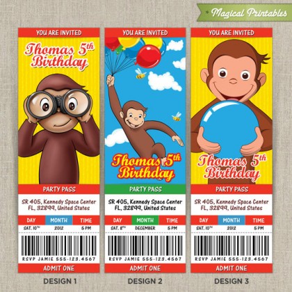 Personalized Curious George Birthday Ticket Invitation Card 