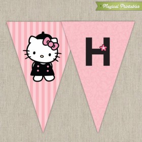 Hello Kitty with French Poodle Paris Printable Birthday Banner - Pink and Black