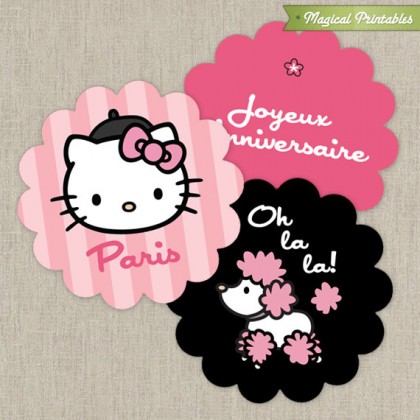Hello Kitty with French Poodle Paris Printable 2 in. circle labels - Pink and Black