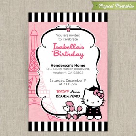 Hello Kitty with French Poodle Paris Customizable Printable Party Invitation - Pink and Black stripes