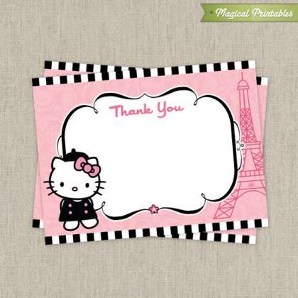 Hello Kitty with French Poodle Paris Printable Birthday Thank You Cards