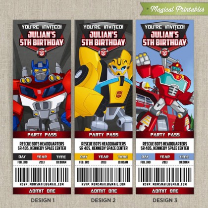 Personalized Transformers Rescue Bots Birthday Ticket Invitation Card