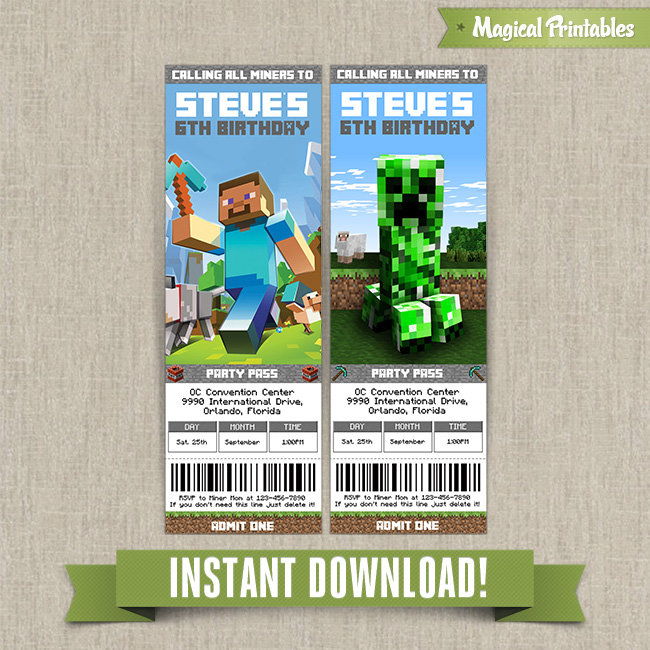 Minecraft Birthday Ticket Invitations - Instant Download!